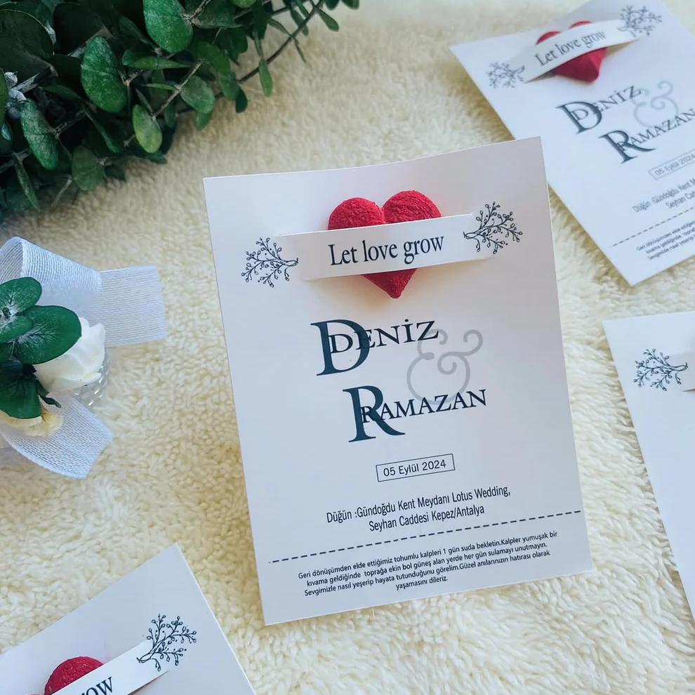 My Design - Kırmızı Kalpli Cep Detaylı Çiçekli Tohum Kartı