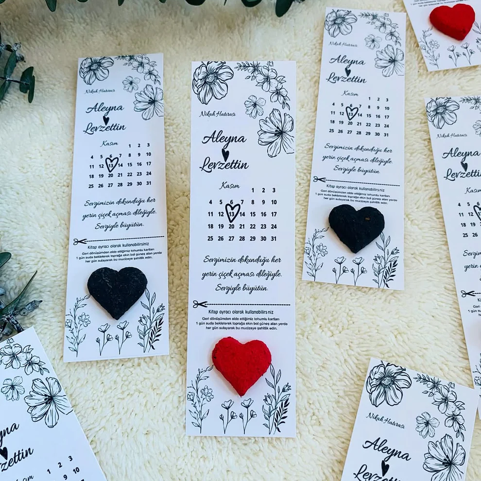 My Design - Siyah & Kırmızı Kalpli Takvim Detaylı Kitap Ayracı Tohum Kartı