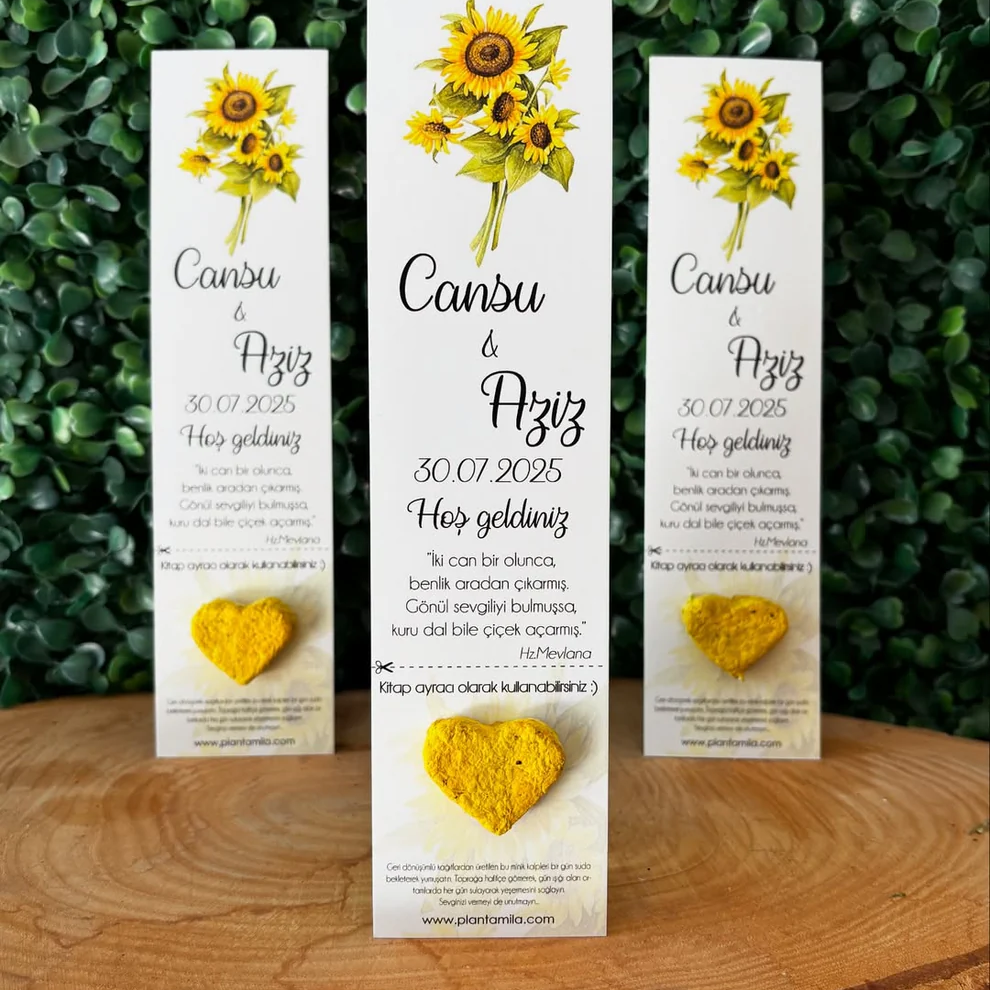 Plantamila - Sarı Kalpli Ayçiçeği Detaylı Kitap Ayracı Tohum Kartı