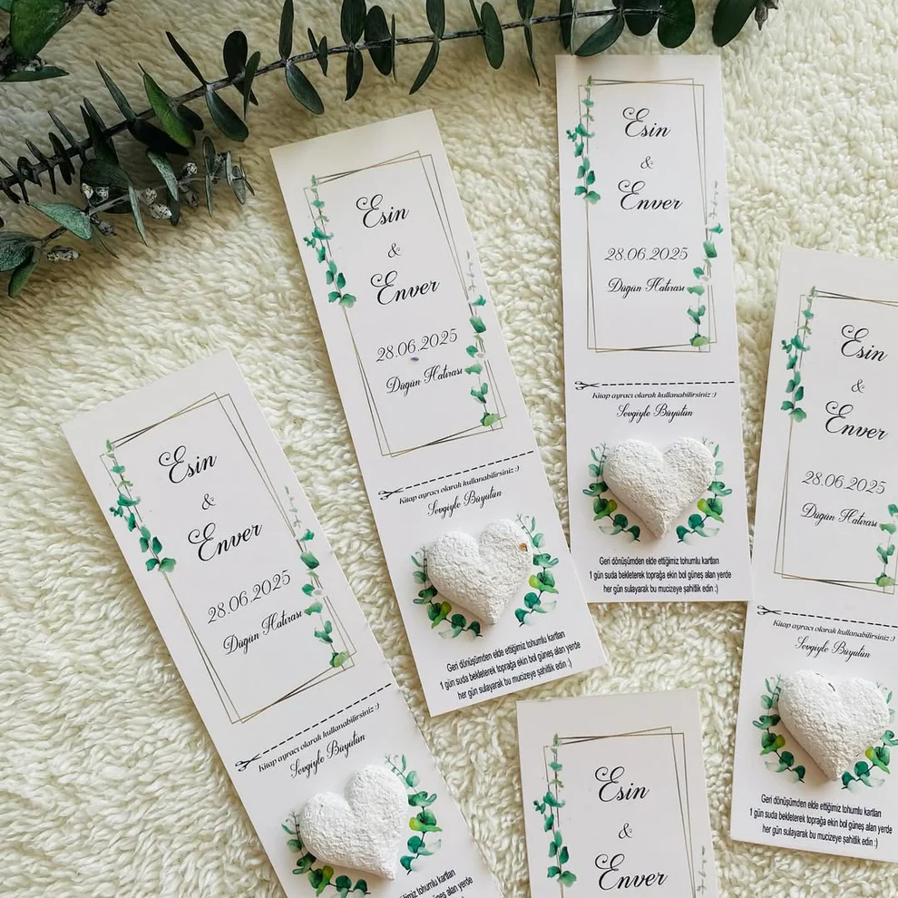 My Design - Beyaz Kalpli Yapraklı Çerçeve Detaylı Kitap Ayracı Tohum Kartı