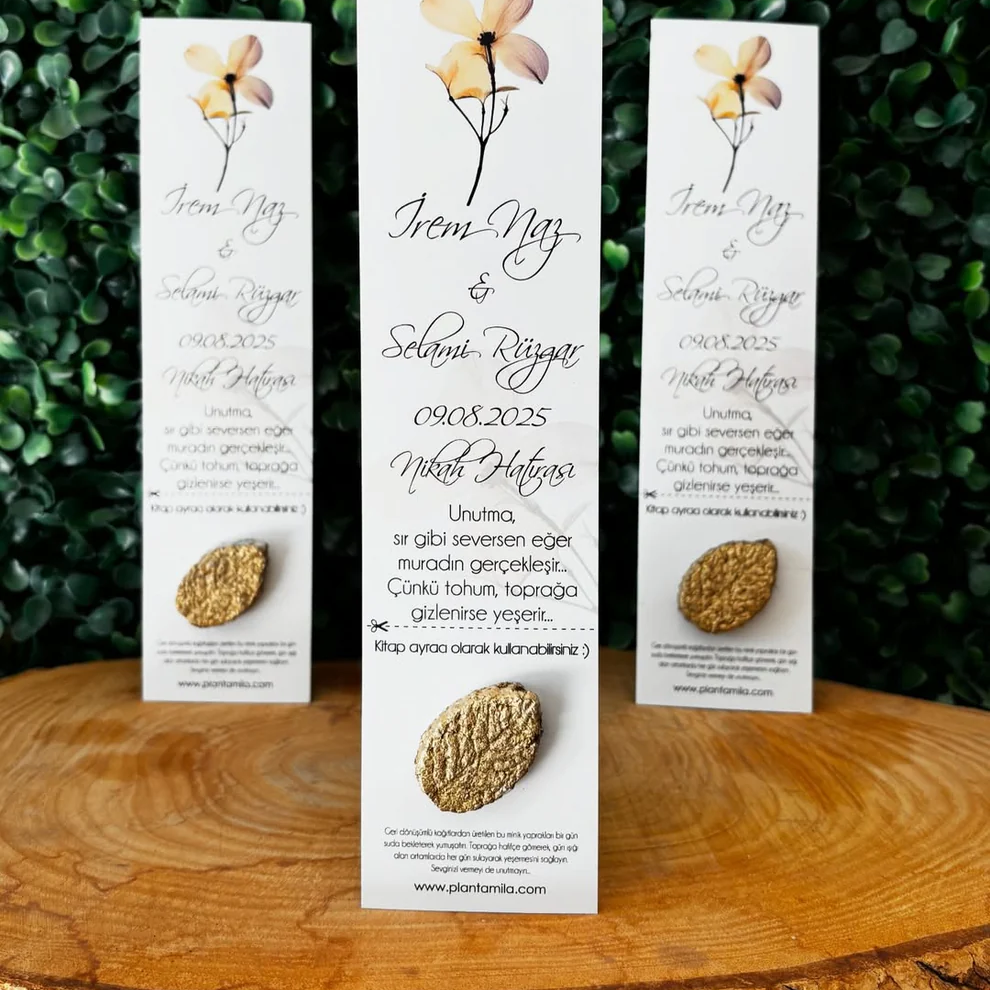 Plantamila - Gold Yapraklı Çiçekli Kitap Ayracı Tohum Kartı