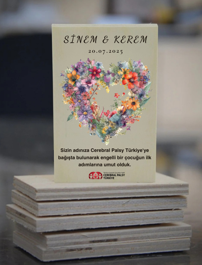 Türkiye Spastik Çocuklar Vakfı - Çiçekli Kalp Desenli Ahşap Magnet