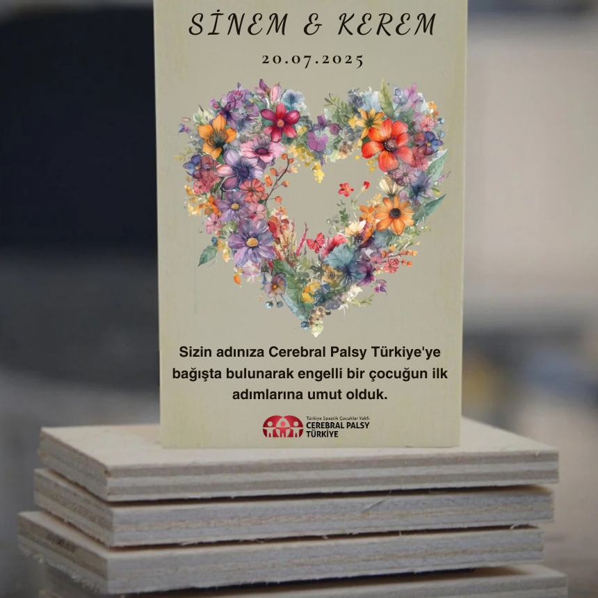 Türkiye Spastik Çocuklar Vakfı - Çiçekli Kalp Desenli Ahşap Magnet