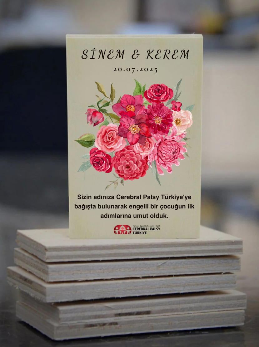 Türkiye Spastik Çocuklar Vakfı - Kırmızı Çiçek Demeti Ahşap Magnet