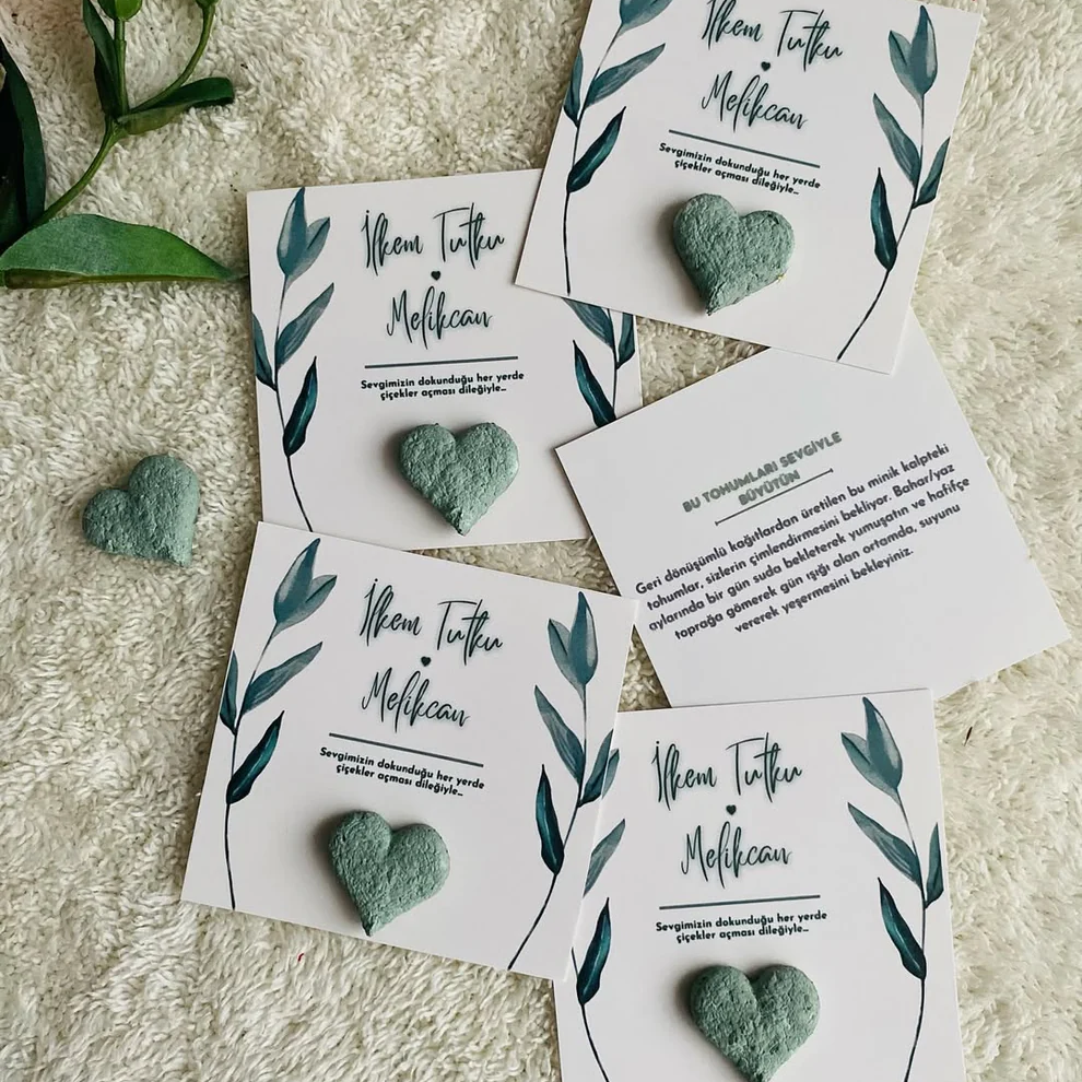 My Design - Yeşil Kalpli Zeytin Yaprağı Detaylı Tohum Kartı