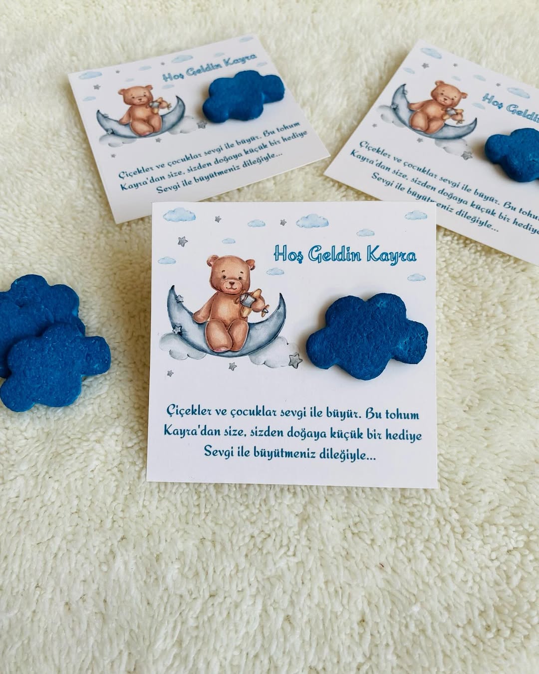 My Design - Mavi Bulutlu Gece ve Ayıcık Detaylı Yenidoğan Tohum Kartı