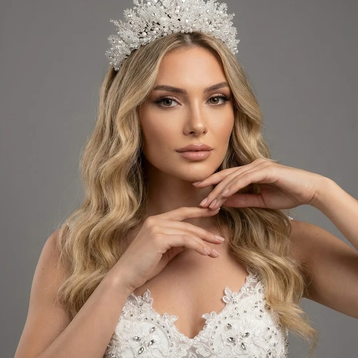 Gelinaksesuari - Işıltılı Kristal ve İnci Detaylı El Yapımı Gelin Tacı | 6189