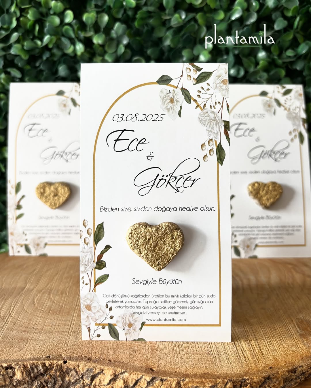 Plantamila - Gold Kalpli Beyaz Çiçek Dallı Tohum Bombalı Kart