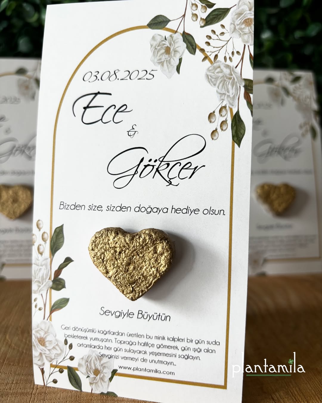 Plantamila - Gold Kalpli Beyaz Çiçek Dallı Tohum Bombalı Kart