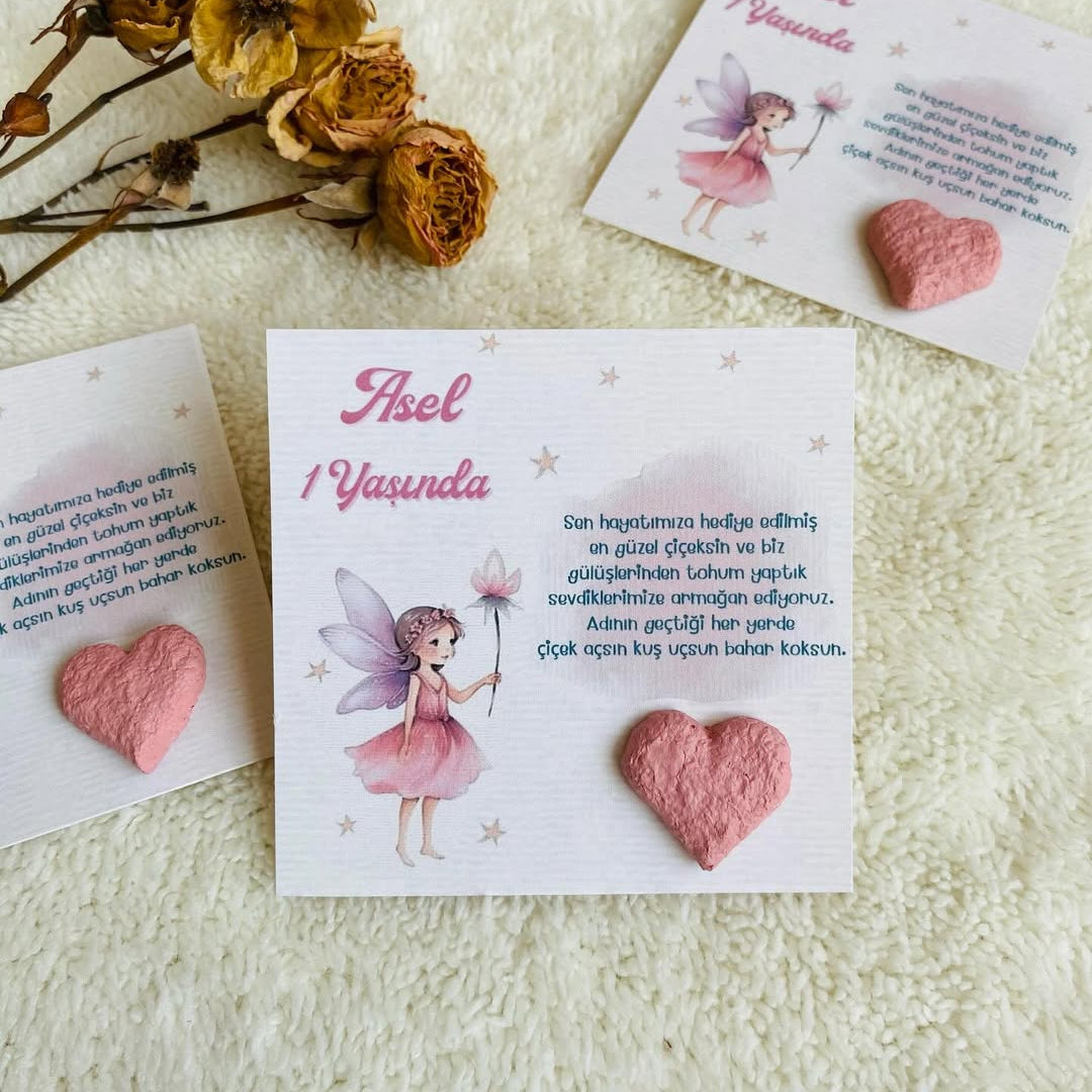 My Design - Pembe Peri Kızı Detaylı Kalpli Doğum Günü Tohum Kartı