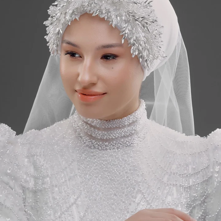 Gelinaksesuari - Yoğun Kristal Yapraklı Tesettür Gelin Tacı – Işıltılı Zarif Bridal Headpiece | 755