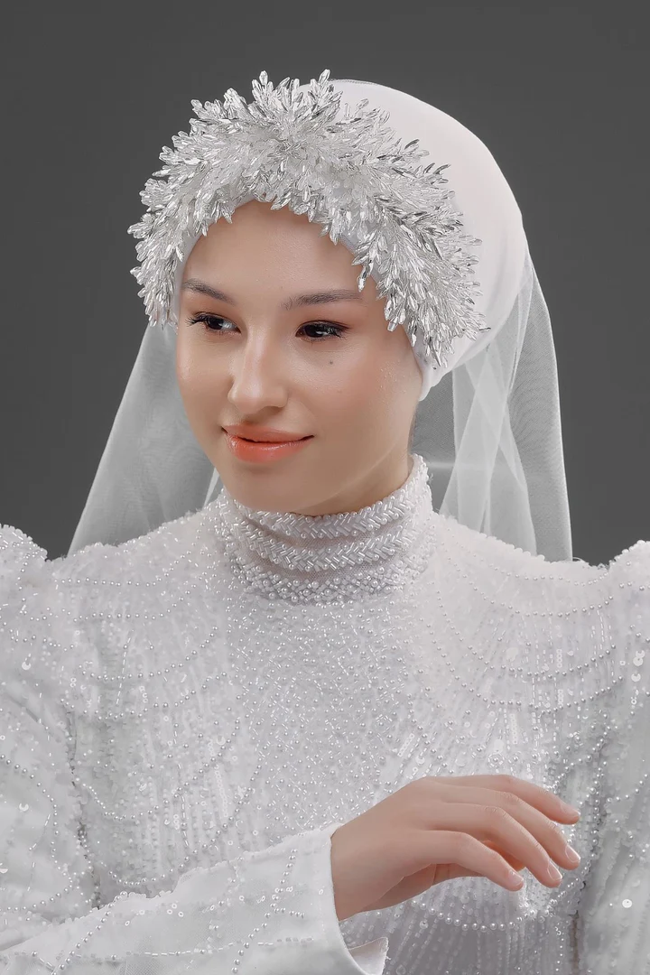 Gelinaksesuari - Yoğun Kristal Yapraklı Tesettür Gelin Tacı – Işıltılı Zarif Bridal Headpiece | 755