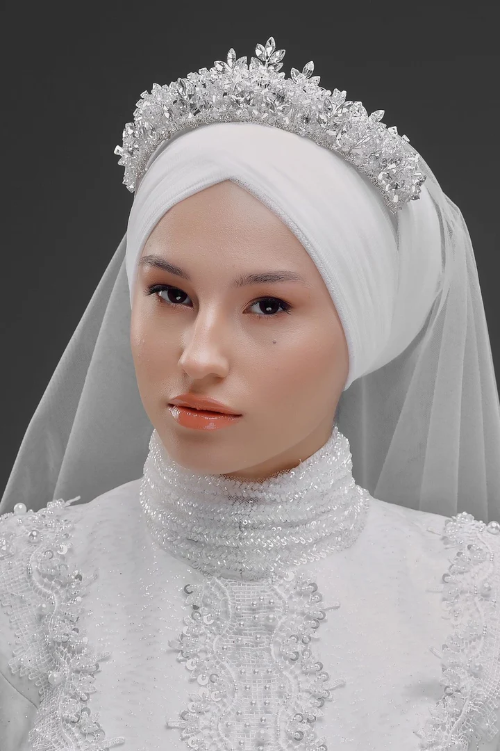 Gelinaksesuari - Yoğun Kristal Yapraklı Tesettür Gelin Tacı – Işıltılı Bridal Taç | 756