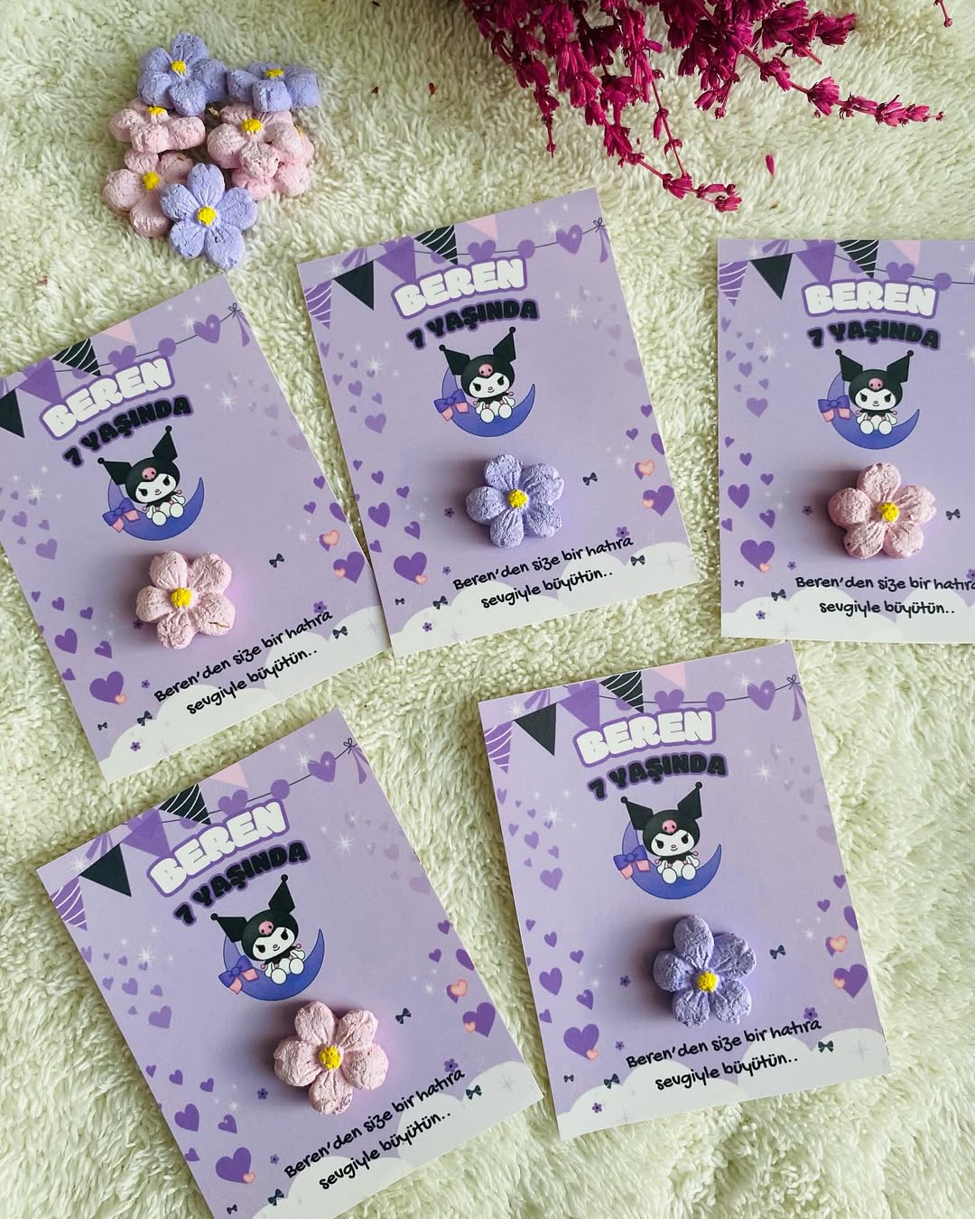 My Design - KuromiKitty Detaylı Mor Çiçekli Doğum Günü Tohum Kartı