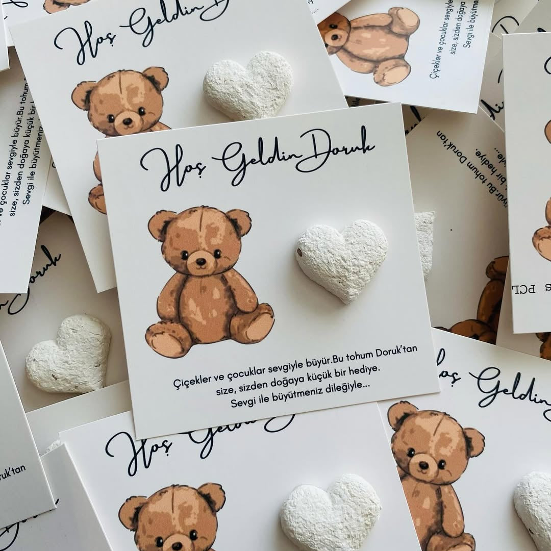 My Design - Beyaz Kalp Tohum Bombalı Ayıcıklı Yenidoğan Tohum Kartı