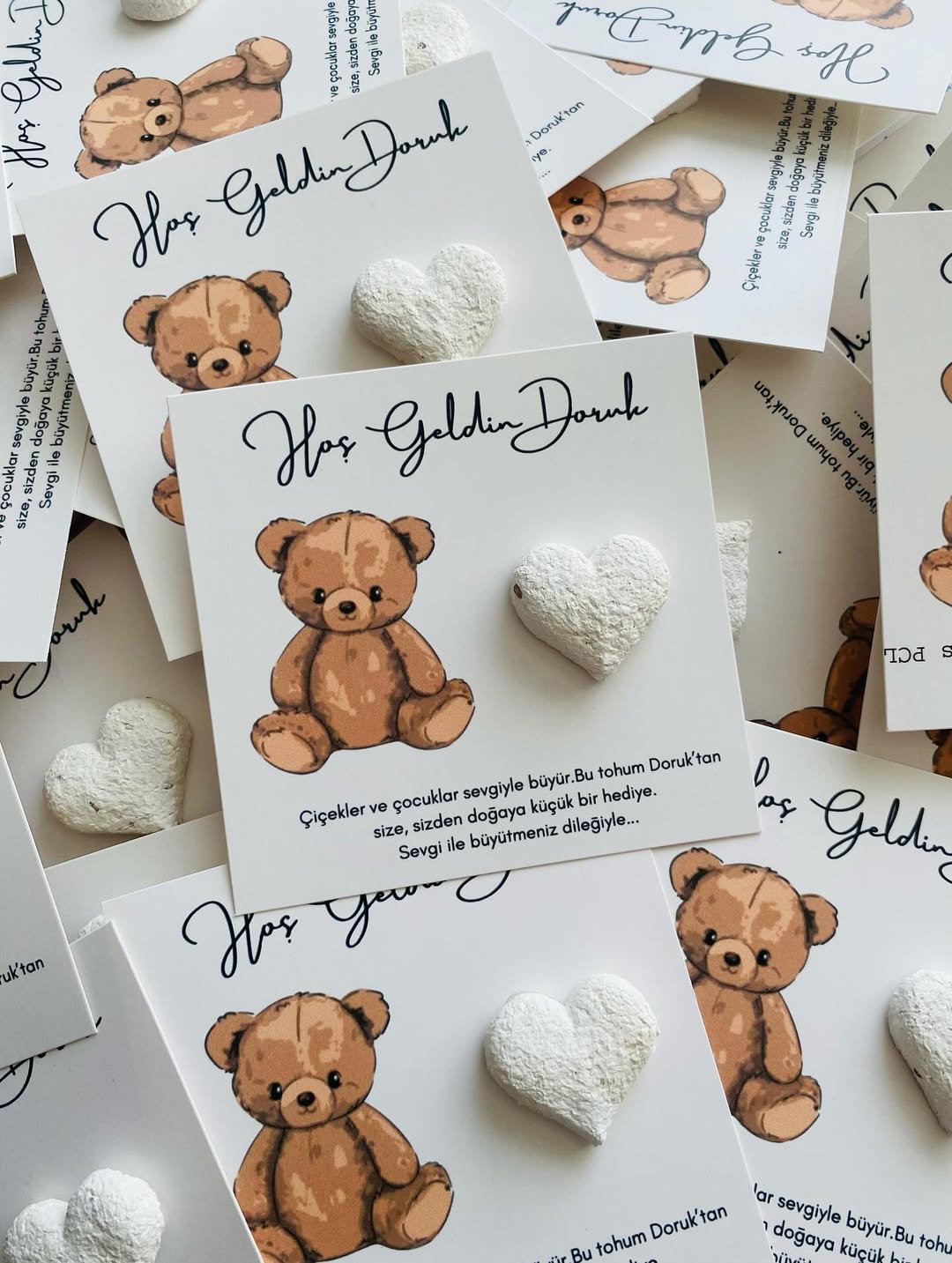 My Design - Beyaz Kalp Tohum Bombalı Ayıcıklı Yenidoğan Tohum Kartı