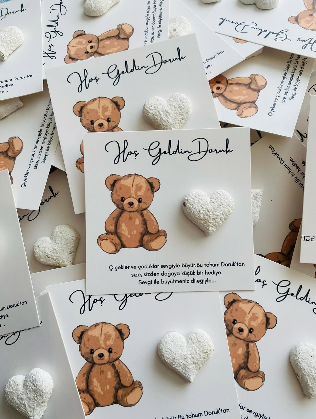 My Design - Beyaz Kalp Tohum Bombalı Ayıcıklı Yenidoğan Tohum Kartı