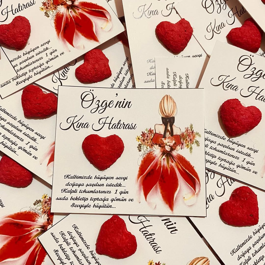 My Design - Kırmızı Çiçekli Elbiseli Kız Desenli Kına Tohum Kartı