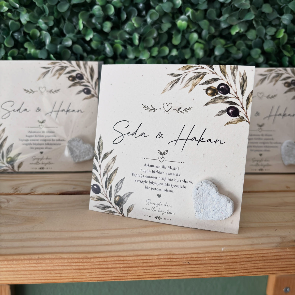 Plantamila - Zeytin Detaylı Beyaz Kalpli Tohumlu Nikah Kartı