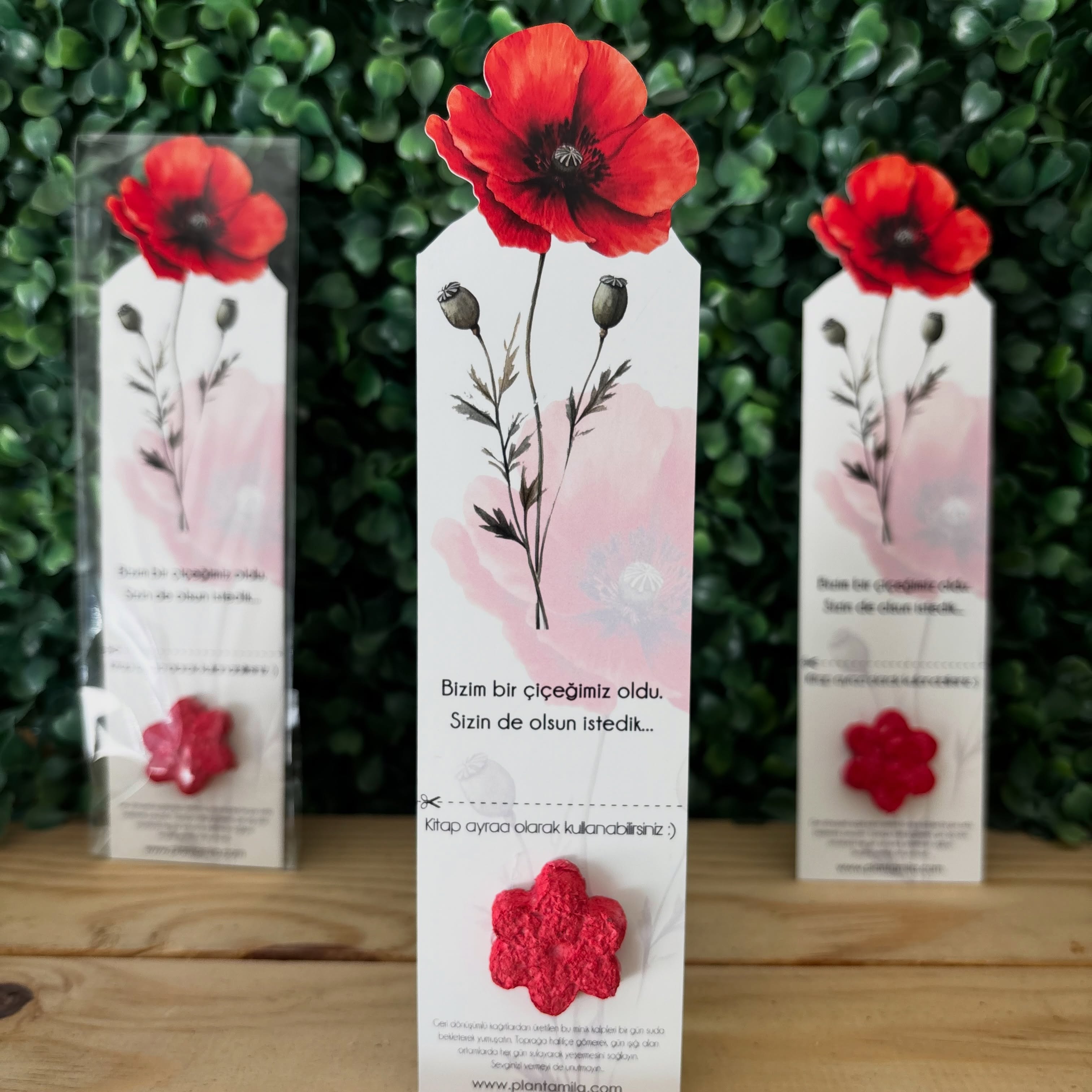 Plantamila - Özel Kesimli Tasarım Kırmızı Çiçekli Kitap Ayracı Tohumlu Kart