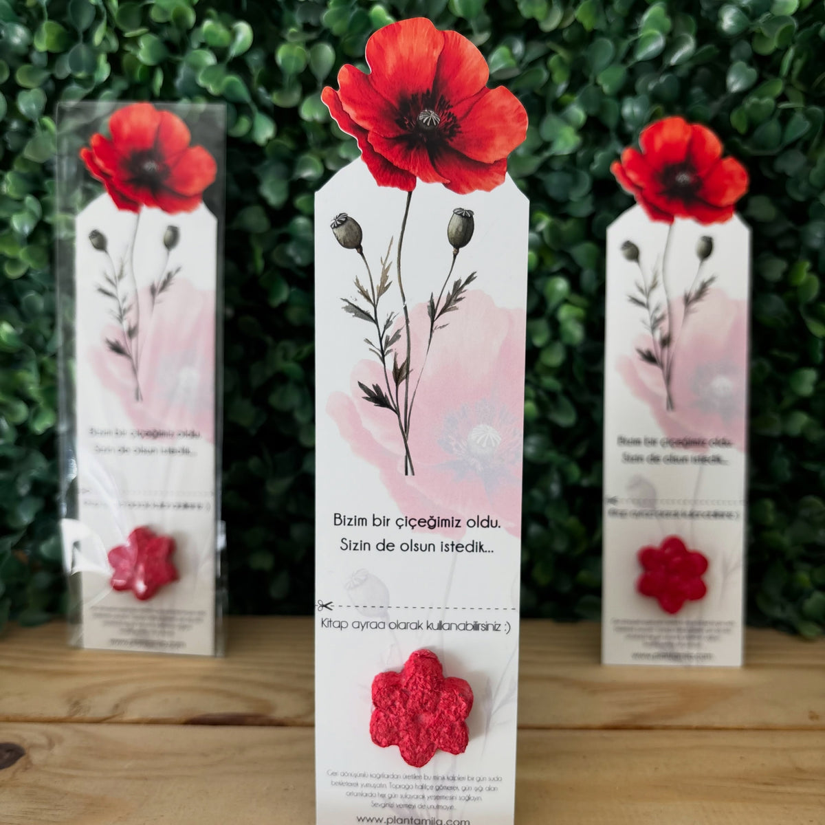 Plantamila - Özel Kesimli Tasarım Kırmızı Çiçekli Kitap Ayracı Tohumlu Kart