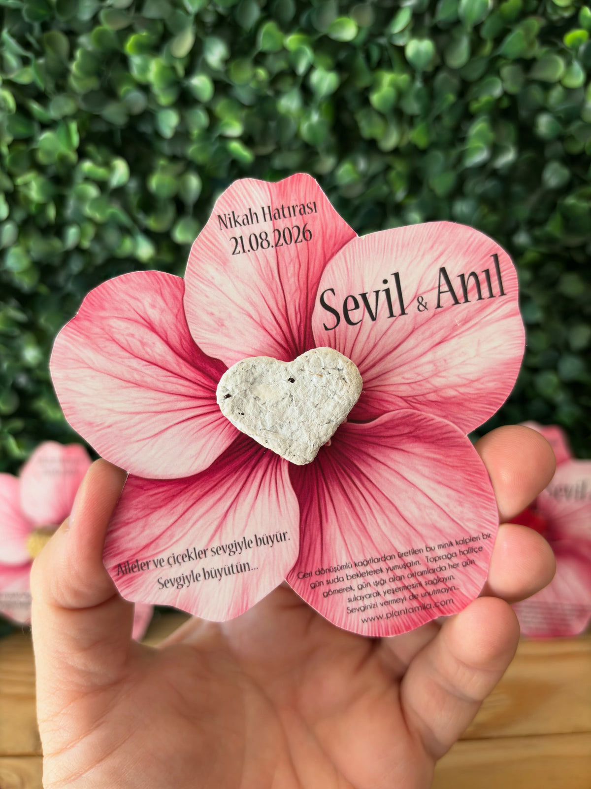 Plantamila - Özel Kesimli Tasarım Pembe Çiçek Beyaz Kalpli Tohum Kartı