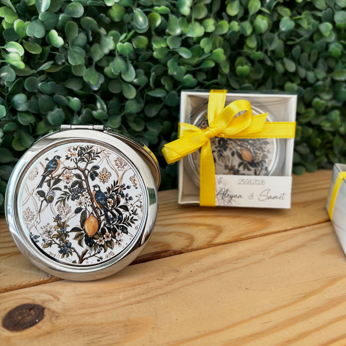 Plantamila - Özel Kutulu Kuş ve Limon Detaylı Hediyelik Cep Aynası