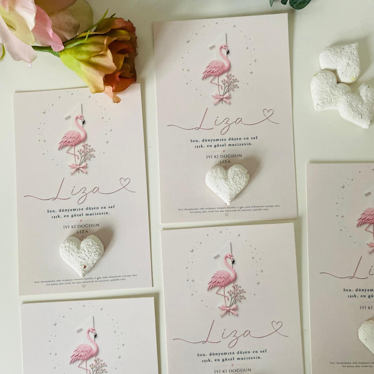 My Design - 1 Yaş Doğum Günü Flamingo Desenli Tohum Kartı