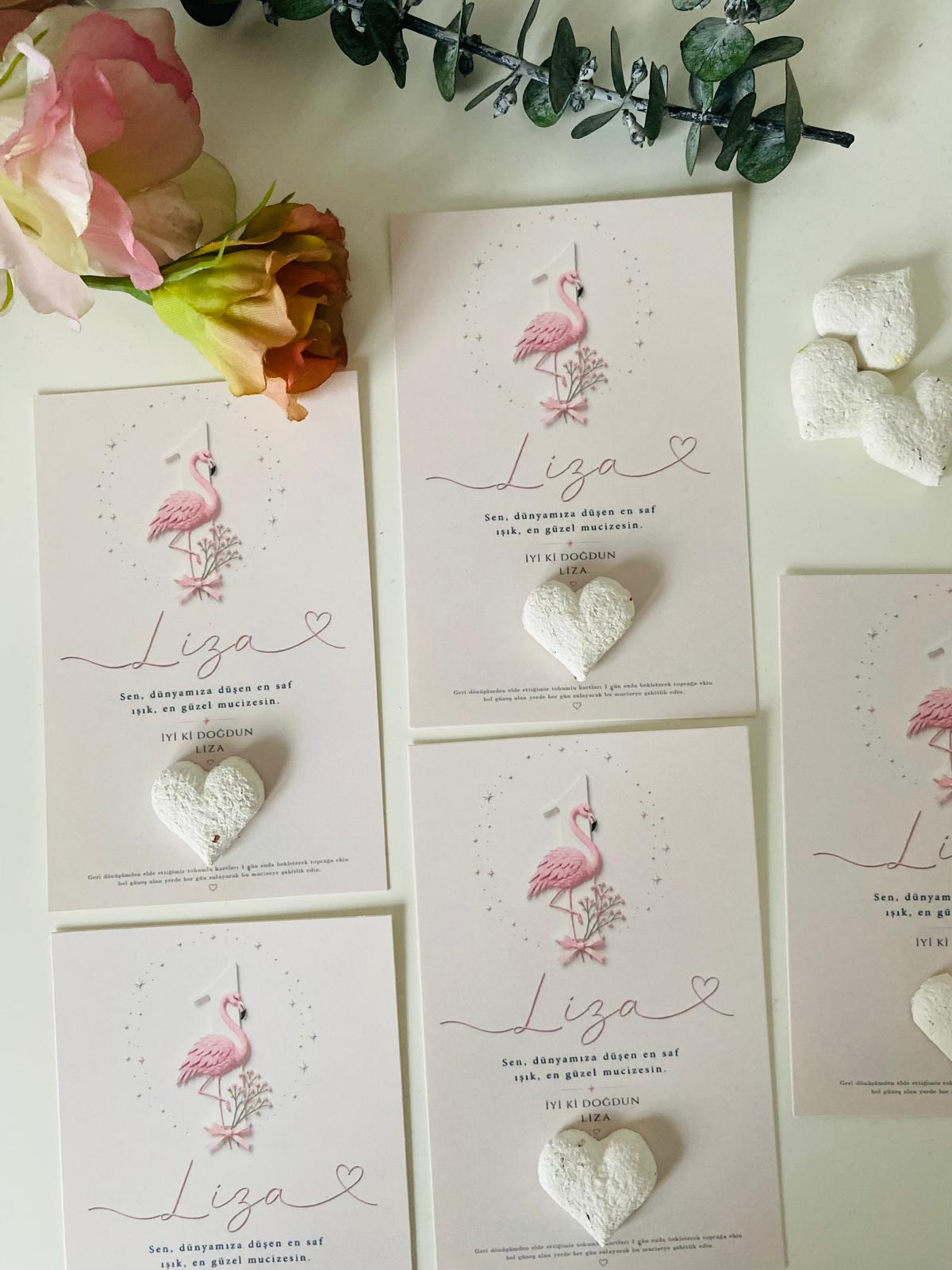 My Design - 1 Yaş Doğum Günü Flamingo Desenli Tohum Kartı