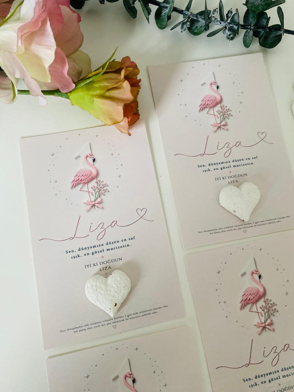 My Design - 1 Yaş Doğum Günü Flamingo Desenli Tohum Kartı