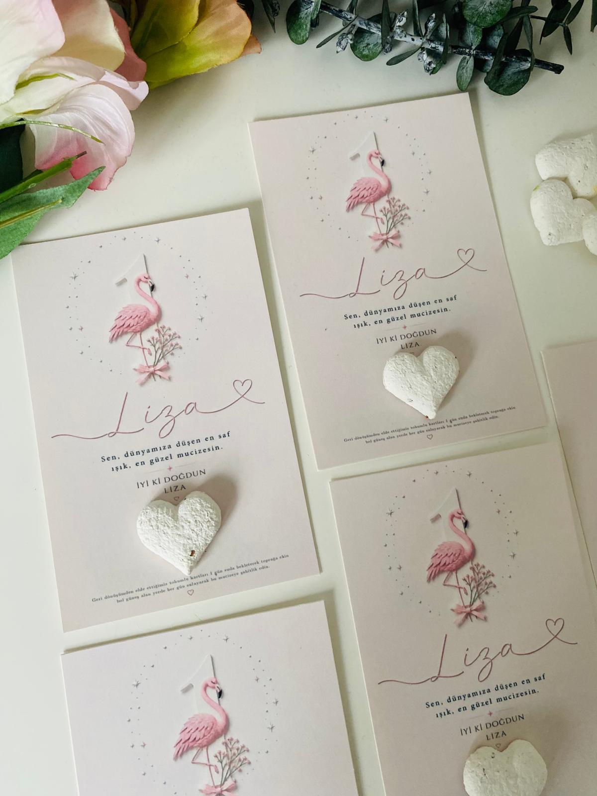 My Design - 1 Yaş Doğum Günü Flamingo Desenli Tohum Kartı