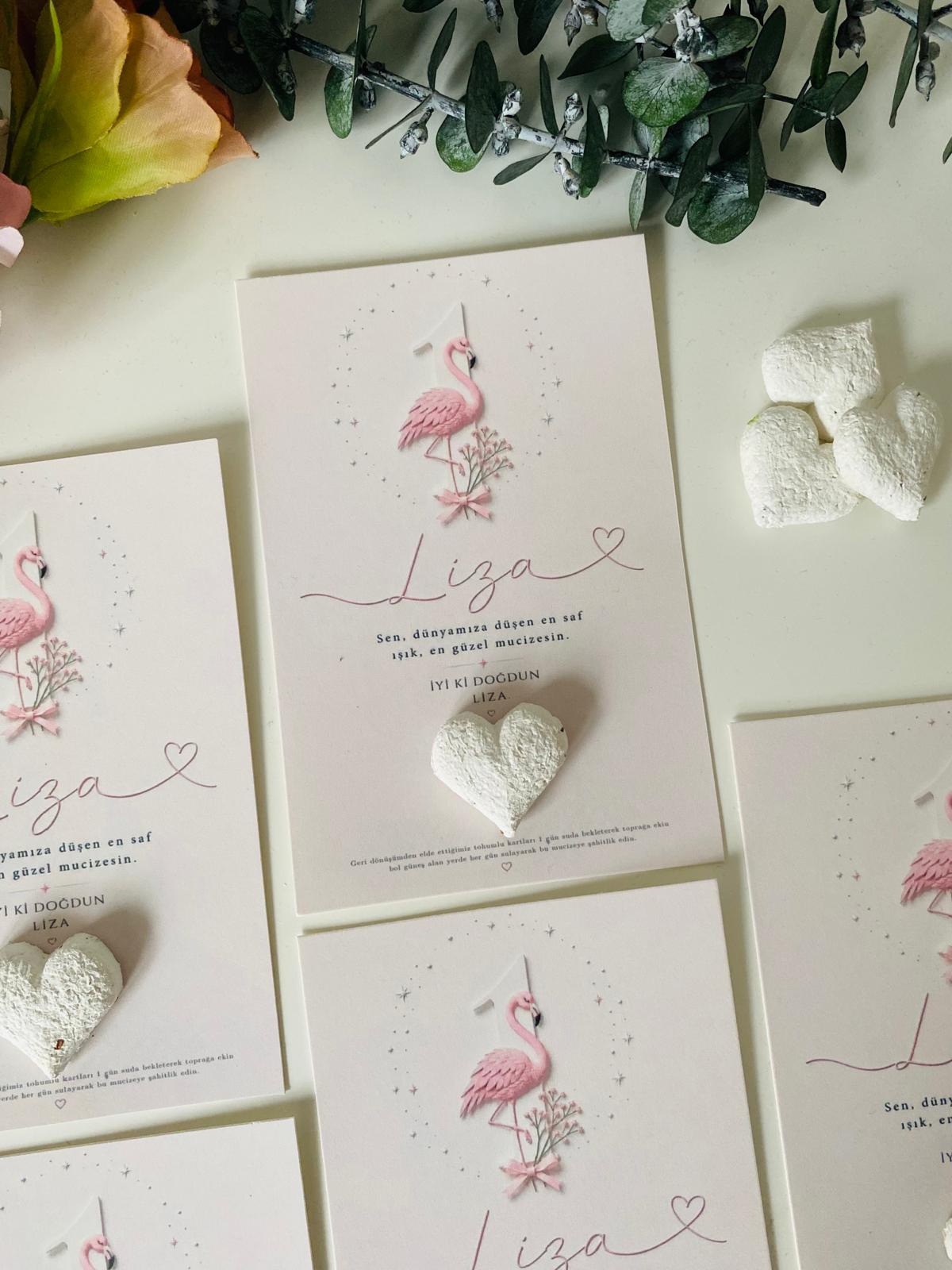 My Design - 1 Yaş Doğum Günü Flamingo Desenli Tohum Kartı