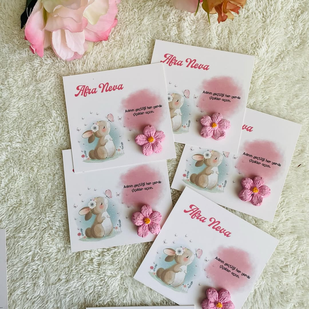 My Design - Sevimli Tavşan Desenli Yenidoğan Çiçekli Tohum Kartı