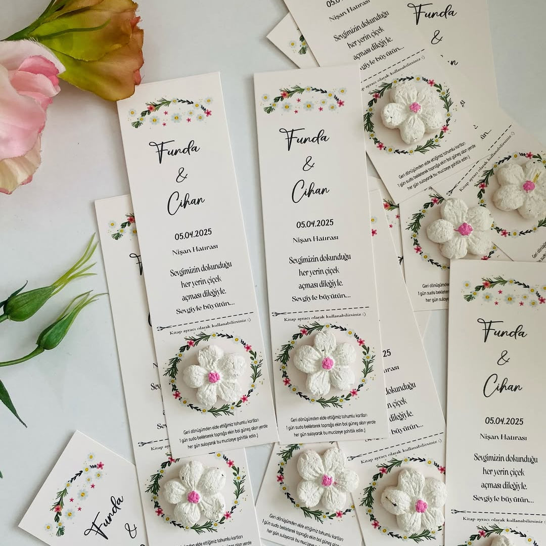 My Design - Beyaz Çiçekli Yaprak Halka Detaylı Kitap Ayracı Tohum Kartı